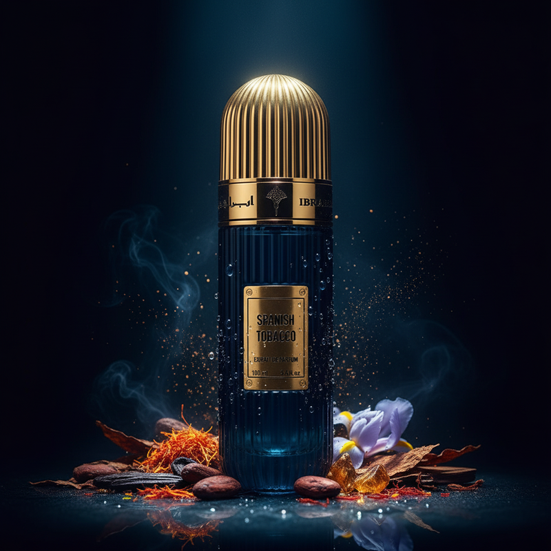Imagen editorial de lujo Spanish Tobacco Extrait de Parfum de Ibrahem, botella acanalada azul marino oscuro con tapa cúpula dorada acanalada, iluminación dramática sobre fondo azul medianoche profundo, azafrán dorado, cacao, ámbar, tabaco e iris, atmósfera sofisticada y masculina estilo anuncio de alta perfumería nicho.