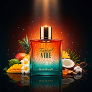 Imagen editorial de lujo Tropical Vibe de Rayhaan, botella cuadrada con degradado naranja-rojo a teal y caligrafía árabe en relieve, tapa champagne-dorada, fondo atardecer tropical oscuro naranja-teal, mango, piña, flores blancas y coco, atmósfera tropical y vibrante estilo anuncio de alta perfumería.