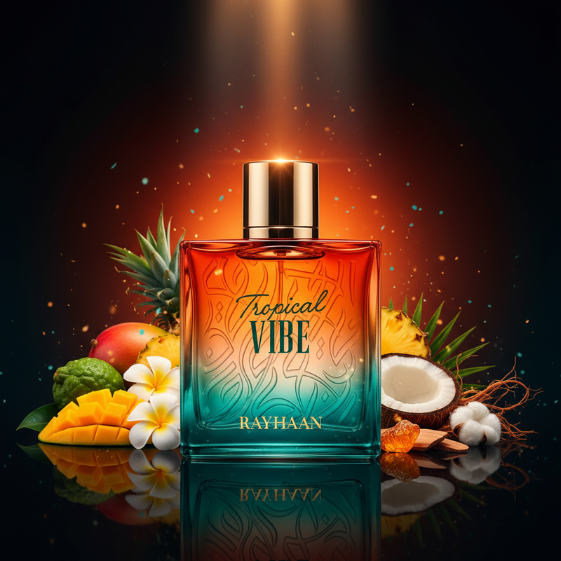 Imagen editorial de lujo Tropical Vibe de Rayhaan, botella cuadrada con degradado naranja-rojo a teal y caligrafía árabe en relieve, tapa champagne-dorada, fondo atardecer tropical oscuro naranja-teal, mango, piña, flores blancas y coco, atmósfera tropical y vibrante estilo anuncio de alta perfumería.