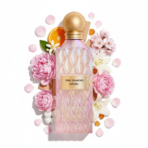 Frasco Pink Diamond Sakura EDP, botella rectangular alta en vidrio rosa pálido iridiscente opalescente con patrón diamante tallado en toda la superficie, placa rectangular dorada con texto PINK DIAMOND SAKURA, anillo collar dorado acanalado en el cuello y tapa esfera dorada, sobre fondo blanco, rodeado de peonía, flor de naranja, mandarina, rosa, lirio, flor de cerezo, sándalo, almizcle blanco y ámbar.