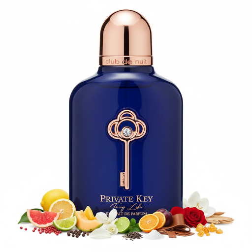 Frasco Private Key To My Life de Armaf Club de Nuit Extrait de Parfum, botella redondeada azul marino brillante, llave ornamental 3D oro rosa con cabeza floral y cristal, texto oro rosa PRIVATE KEY To my Life, collar oro rosa club de nuit y tapa cúpula oro rosa, sobre fondo blanco, rodeado de pimienta rosa, bergamota, pomelo, melón, lima, naranja, piña, limón, ciruela, muguete, rosa, jazmín, magnolia, almizcle, cuero, ámbar y pachulí.