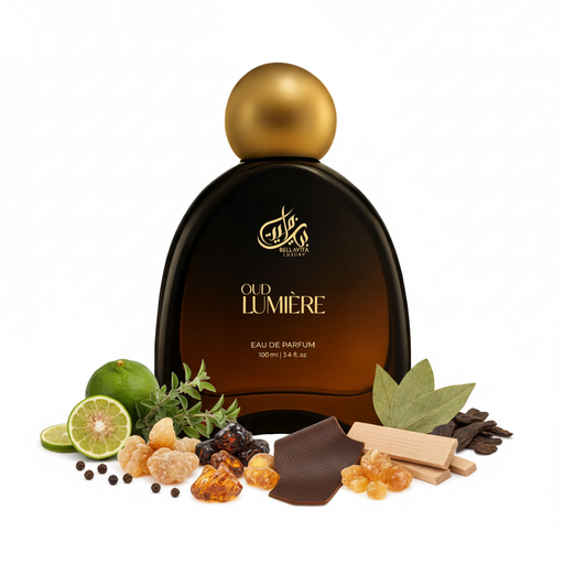 Oud Lumière BellaVita - Notas olfativas: bergamota, orégano, pimienta, incienso, ládano, opopónaco, ámbar, cuero, sándalo, pachulí, oud