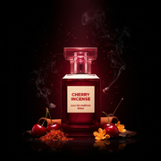 Imagen editorial de lujo Cherry Incense EDP, botella cuadrada rojo cereza opaco con etiqueta crema y tapa rosa-rojo translucida, fondo negro profundo con resplandor rojo cereza, cerezas, azafrán, cuero, osmanthus e incienso ahumado, atmósfera sensual y oscura estilo anuncio de alta perfumería.