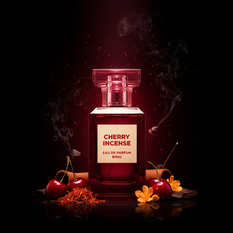 Imagen editorial de lujo Cherry Incense EDP, botella cuadrada rojo cereza opaco con etiqueta crema y tapa rosa-rojo translucida, fondo negro profundo con resplandor rojo cereza, cerezas, azafrán, cuero, osmanthus e incienso ahumado, atmósfera sensual y oscura estilo anuncio de alta perfumería.