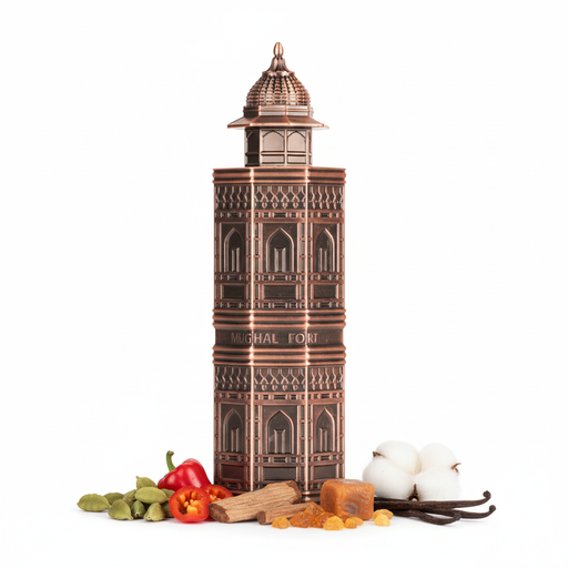 Frasco Mughal Fort, botella cilíndrica alta en cobre antético con diseño arquitectónico de torre mogol, múltiples niveles con arcos apuntados y bandas decorativas en relieve, texto MUGHAL FORT grabado en cobre, tapa pabellón octogonal con cúpula y remate puntiagudo, sobre fondo blanco, rodeado de cardamomo, pimiento morrón, caramelo, cedro, vainilla, ámbar y almizcle.