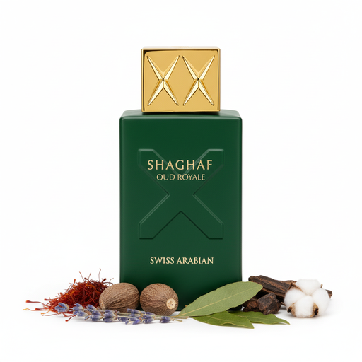 Frasco de perfume Shaghaf Oud Royale de Swiss Arabian EDP, botella rectangular alta en verde esmeralda oscuro mate con patrón X en relieve y texto blanco SHAGHAF OUD ROYALE SWISS ARABIAN, tapón cuadrado dorado brillante con patrón X en relieve, sobre fondo blanco, rodeado de azafrán, lavanda, nuez moscada, madera de oud, pachulí y almizcle.