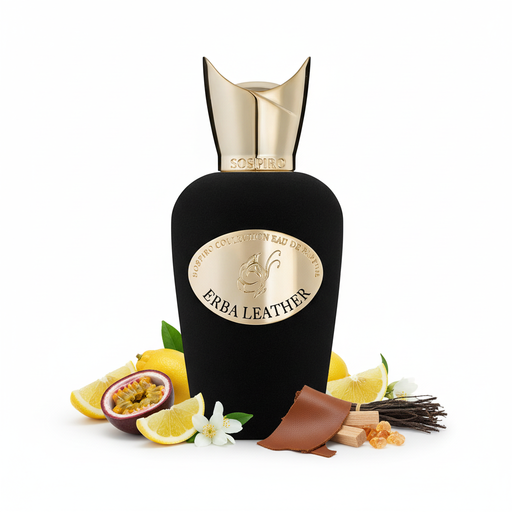 Frasco Erba Leather de Sospiro EDP, botella pera en terciopelo negro mate, medallón oval dorado con texto circular SOSPIRO COLLECTION EAU DE PARFUM, monograma S ornamental y texto ERBA LEATHER, cuello angular facetado dorado y tapa corona dorada con puntas geométricas, sobre fondo blanco, rodeado de maracuyá, bergamota, limón, cuero, jazmín, sándalo, ámbar y vetiver.