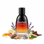 Frasco Renheit Parfum de Christian Dior, botella redondeada ancha tipo cúpula con degradado espectacular transparente-ámbar-naranja-rojo-negro, texto cursivo blanco Renheit y PARFUM en la zona oscura superior, cuello cilíndrico negro corto, tapa cilíndrica alta negro brillante, rodeado de cítricos, lavanda, nuez moscada, cedro, flores blancas, sándalo, ámbar gris, almizcle, pachulí y cuero.