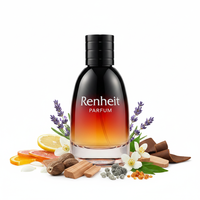 Frasco Renheit Parfum de Christian Dior, botella redondeada ancha tipo cúpula con degradado espectacular transparente-ámbar-naranja-rojo-negro, texto cursivo blanco Renheit y PARFUM en la zona oscura superior, cuello cilíndrico negro corto, tapa cilíndrica alta negro brillante, rodeado de cítricos, lavanda, nuez moscada, cedro, flores blancas, sándalo, ámbar gris, almizcle, pachulí y cuero.