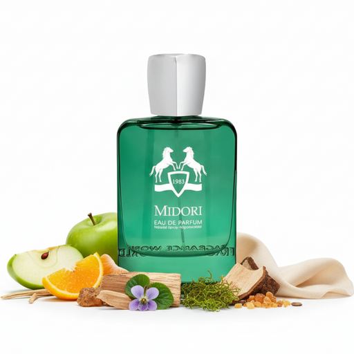 Frasco Midori de Fragrance World EDP, botella rectangular alta en vidrio verde esmeralda con escudo heráldico blanco con dos caballos encabritados y 1983, texto blanco Midori EAU DE PARFUM Fragrance World, tapa ancha redondeada en cromo plateado espejo, sobre fondo blanco, rodeado de manzana verde, bergamota de Calabria, mandarina, cedro, cachemira, violeta, musgo de roble y ámbar amaderado.