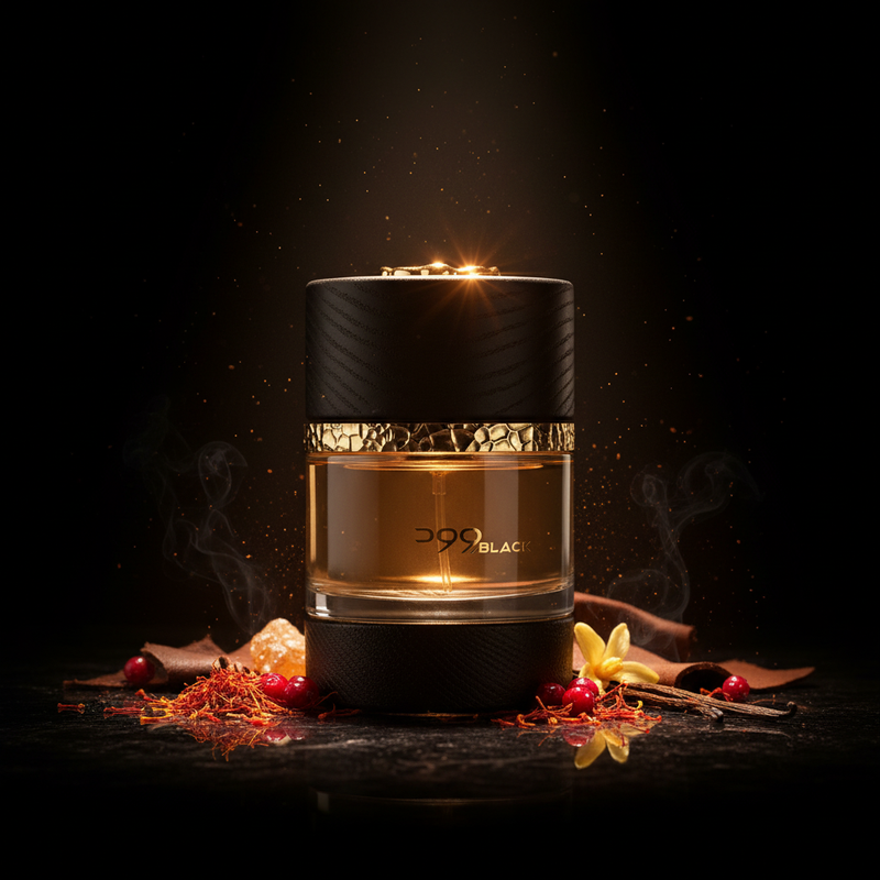 Imagen editorial de lujo 99 Black, frasco cilíndrico negro cuero y cristal con banda dorada martillada, iluminación dramática sobre fondo negro profundo con resplandor dorado, azafrán naranja-dorado, bayas rojas, ámbar y cuero, atmósfera opulenta y poderosa estilo anuncio de perfumería nicho.