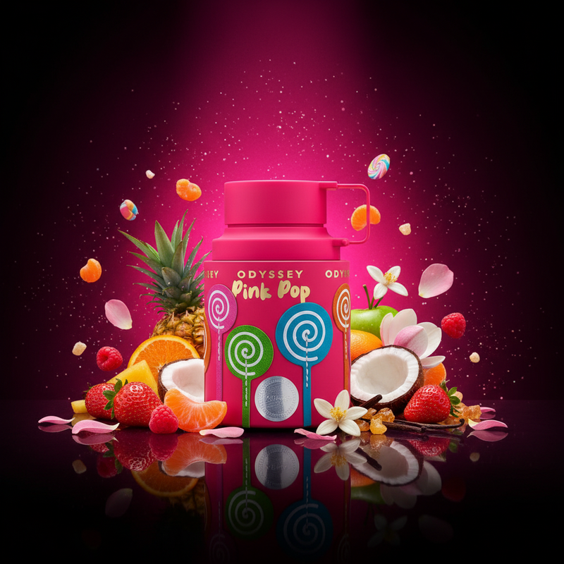 Imagen editorial de lujo Odyssey Pink Pop de Armaf, botella cilíndrica rosa fucsia con piruletas coloridas y tapa cuadrada con asa, fondo rosa-negro profundo vibrante, fresas, piña, frambuesa, jazmín y vainilla, atmósfera juguetona y dulce estilo anuncio de perfumería femenina.