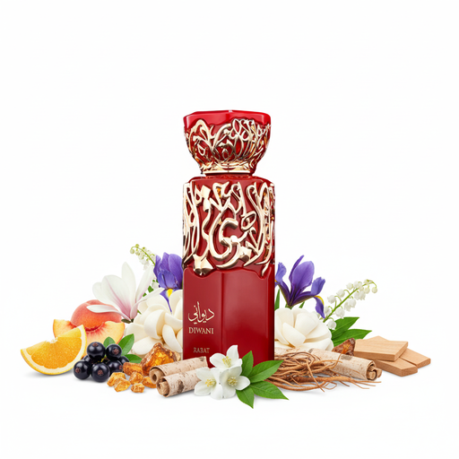 Frasco Diwani de Rabat EDP, botella rectangular rojo crimín brillante cubierta con caligrafía árabe tridimensional dorada en relieve, texto blanco ديواني DIWANI RABAT en la base, tapa corona roja con filigrana arabesca dorada, sobre fondo blanco, rodeado de pomelo, melocotón, grosella negra, magnolia, ámbar, nardos, iris, jazmín, muguete, cedro, pachulí, abedul, vetiver y sándalo.