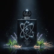 Imagen editorial de lujo Tharwah Silver de Lattafa Pride, frasco negro brillante con escultura átomo orbital cromo plateado, iluminación dramática sobre fondo negro cósmico, menta verde, lavanda púrpura, cedro y vetiver, partículas plateadas atómicas flotantes, atmósfera poderosa y cósmica estilo anuncio de perfumería nicho masculina.
