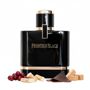 Frasco Prestige Black EDP, botella rectangular redondeada negra brillante con texto dorado PRESTIGE BLACK, base negra con línea dorada, botón spray negro con raíles dorados y tapa cilíndrica negra con tapa dorada, sobre fondo blanco, rodeado de bayas rojas, raíz de iris, cuero y cedro.