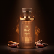 Imagen editorial de lujo Timeless Joy de Liwan, botella cilíndrica taupe-marrón esmerilada acanalada con collar multi-anillo dorado y tapa taupe mate, fondo espresso oscuro profundo cálido, canela, dátiles y oud, atmósfera cálida y opulenta estilo anuncio de alta perfumería.