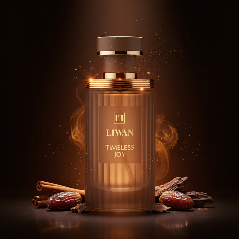 Imagen editorial de lujo Timeless Joy de Liwan, botella cilíndrica taupe-marrón esmerilada acanalada con collar multi-anillo dorado y tapa taupe mate, fondo espresso oscuro profundo cálido, canela, dátiles y oud, atmósfera cálida y opulenta estilo anuncio de alta perfumería.