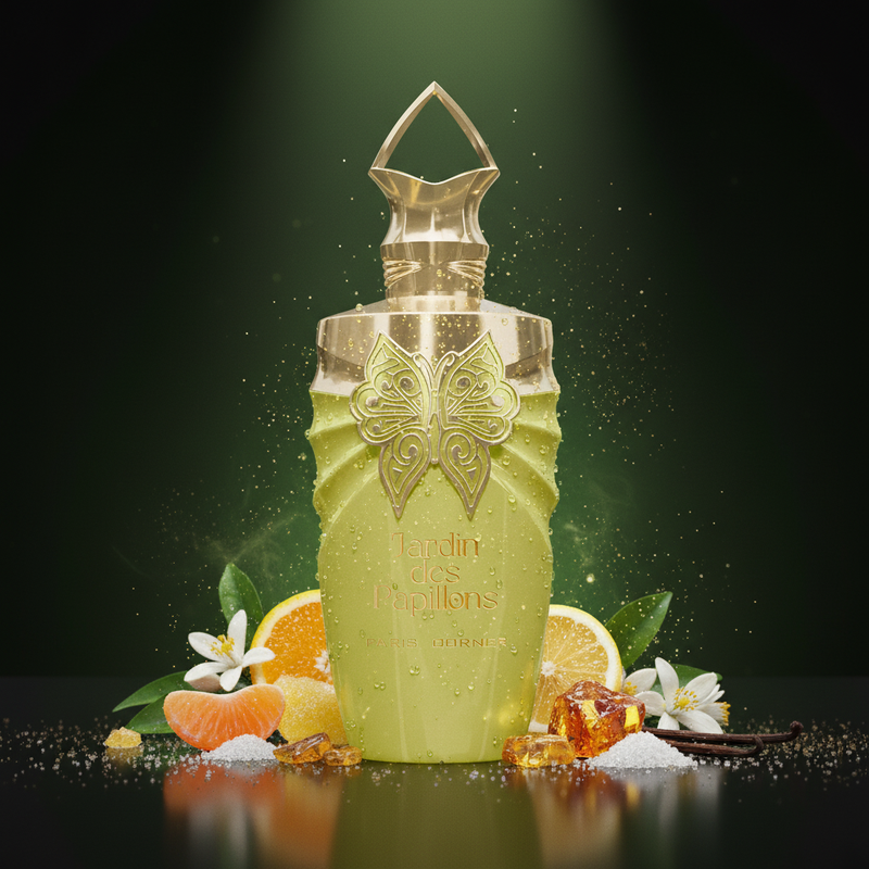 Imagen editorial de lujo Jardin des Papillons de Paris Corner, botella jarrón verde chartreuse vibrante con gotas brillantes y mariposa dorada, tapa corona dorada, fondo verde botánico oscuro, cítricos, jazmín, azahar y vainilla, atmósfera fresca y luminosa estilo anuncio de alta perfumería femenina.