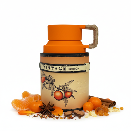 Frasco Vintage Edition de Armaf EDP, bote cilíndrico vintage crema-beige con ilustración botánica de rama de mandarina, banda oscura con etiqueta VINTAGE EDITION, tapa cilíndrica naranja mate con asa rectangular envuelta en cuerda de yute, sobre fondo blanco, rodeado de mandarina, cítricos, especias, flores, maderas y ámbar.