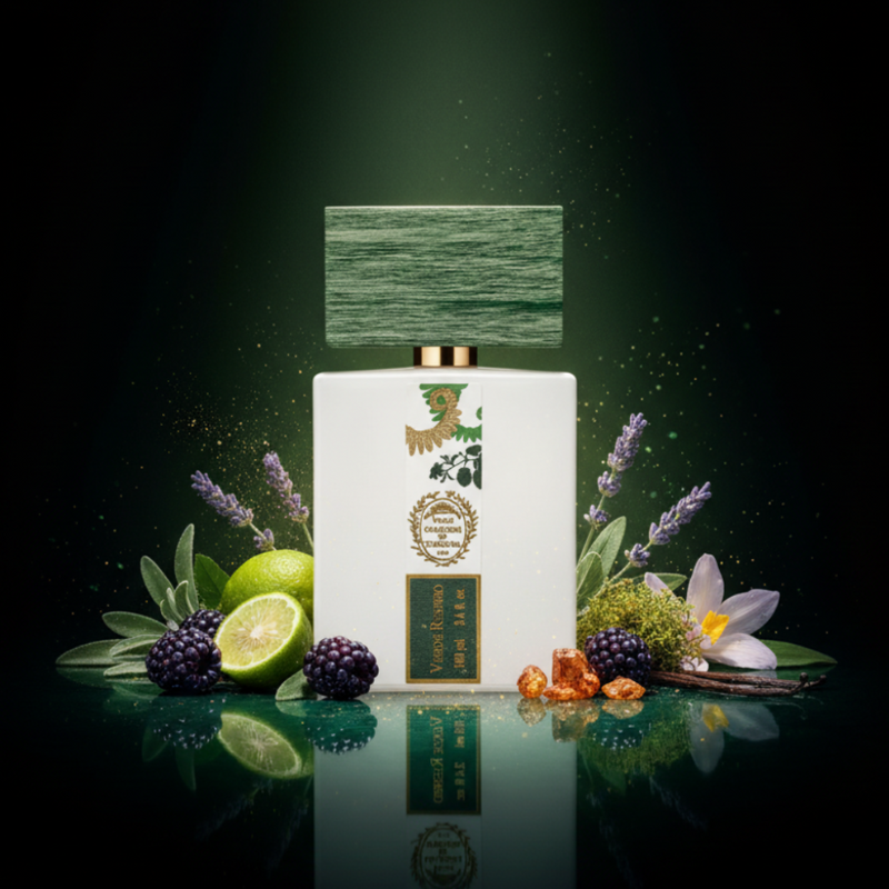 Imagen editorial de lujo Verde Respiro de Giardini di Toscana, botella blanca mate con banda botánica verde-dorada y tapa madera verde bosque, fondo verde oscuro profundo, zarzamoras, lavanda, musgo de roble e iris, atmósfera botánica y fresca estilo perfumería italiana de nicho.