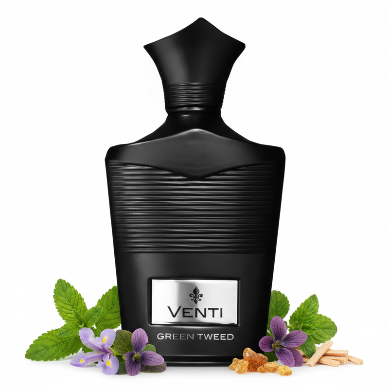 Frasco Venti Green Tweed EDP, botella ancha negro mate con textura acanalada horizontal en toda la superficie, hombros angulares anchos, cuello facetado angular negro mate corto, tapa estrella-flecha angular negro mate distintiva, etiqueta rectangular plateada con símbolo fleur-de-lis oscuro y texto Venti GREEN TWEED, rodeado de verbena de limón, iris, hoja de violeta, ámbar gris y sándalo.