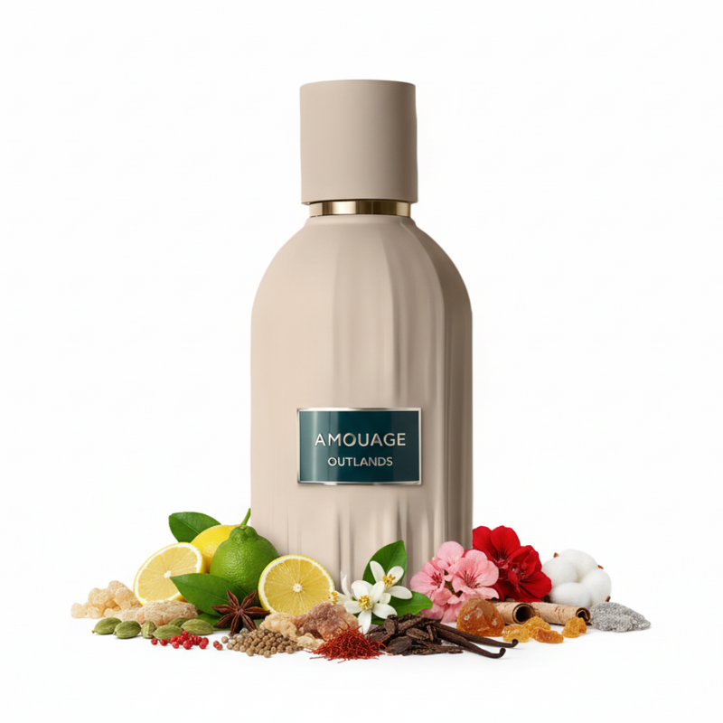 Frasco de perfume Amouage Outlands EDP, botella tipo jarrón crema-marfil mate con acanalado vertical, etiqueta verde teal con borde plateado y texto blanco AMOUAGE OUTLANDS, anillo dorado y tapa cilíndrica crema, sobre fondo blanco, rodeado de incienso, cardamomo, limón, bergamota, pachulí, azafrán, rosa, oud, ámbar y almizcle.