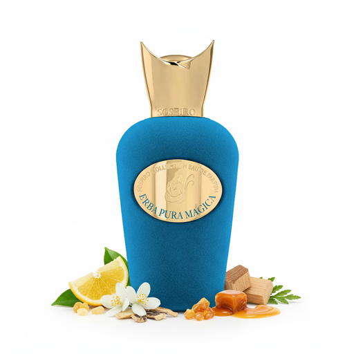 Frasco Erba Pura Magica de Sospiro EDP, botella pera en terciopelo azul turquesa, medallón oval dorado con ilustración Art Nouveau y texto ERBA PURA MAGICA, tapa corona dorada con puntas fleur-de-lis, sobre fondo blanco, rodeado de frutas, bergamota, limón, jazmín, raíz de lirio, ámbar, caramelo y cedro.
