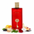 Frasco Bab Al Hamra EDP, botella rectangular rubí rojo con arco moro y caligrafía árabe BAB AL HAMRA grabados en el vidrio, llave esqueleto dorada filigrana ornamental en el centro, tapa cilíndrica dorada con textura martillada, sobre fondo blanco, rodeado de cítricos, grosella negra, pera, melocotón, jazmín, azahar, rosa, pachulí, sándalo, almizcle blanco y vainilla.