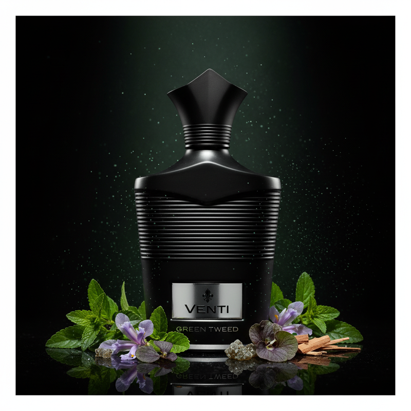 Imagen editorial de lujo Venti Green Tweed, botella negro mate acanalada con tapa estrella angular y etiqueta plateada Venti GREEN TWEED, fondo negro profundo con resplandor verde bosque sutil, verbena, iris, violeta y sándalo, atmósfera oscura y sofisticada estilo anuncio de alta perfumería nicho.
