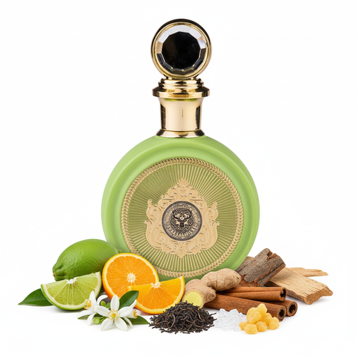 Frasco de perfume Bade'e Al Oud Sublime de Lattafa, botella circular disc verde lima-chartreuse mate con gran disco ornamental dorado de rayos solares radiantes y medallón central con escudo heráldico, cuello cilíndrico dorado y tapón esfera con base dorada y gran gema ónix negro en la cima, sobre fondo blanco, rodeado de cidra, bergamota de Calabria, naranja siciliana, neroli tunecino, jengibre nigeriano, canela de Ceilán, té negro chino, ambroxan, incienso y madera de gaiac.