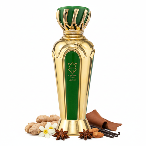 Frasco de perfume Bujairami Sydney Say Less Extrait de Parfum 100ml con cuerpo dorado art déco, panel esmeralda verde y tapón corona con gema verde, sobre fondo blanco, rodeado de jengibre, anís, flores blancas, almendra, cuero y vainilla.