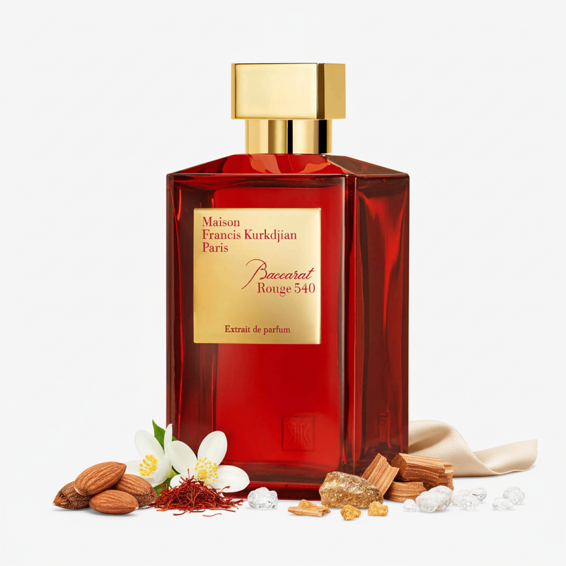 Frasco de perfume Baccarat Rouge 540 Extrait de Parfum de Maison Francis Kurkdjian, botella hexagonal facetada en vidrio rubí rojo intenso, etiqueta cuadrada dorada con texto Maison Francis Kurkdjian Paris y script rojo Baccarat Rouge 540, anillo dorado en cuello y gran tapa cuadrada dorada pulida, sobre fondo blanco, rodeado de almendra amarga, azafrán, jazmín egipcio, cedro de Virginia, ámbar gris, maderas, almizcle, ambroxan y cachemira.