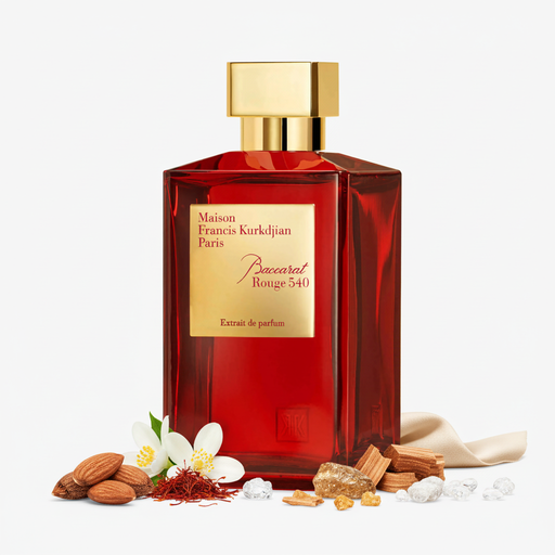 Frasco de perfume Baccarat Rouge 540 Extrait de Parfum de Maison Francis Kurkdjian, botella hexagonal facetada en vidrio rubí rojo intenso, etiqueta cuadrada dorada con texto Maison Francis Kurkdjian Paris y script rojo Baccarat Rouge 540, anillo dorado en cuello y gran tapa cuadrada dorada pulida, sobre fondo blanco, rodeado de almendra amarga, azafrán, jazmín egipcio, cedro de Virginia, ámbar gris, maderas, almizcle, ambroxan y cachemira.