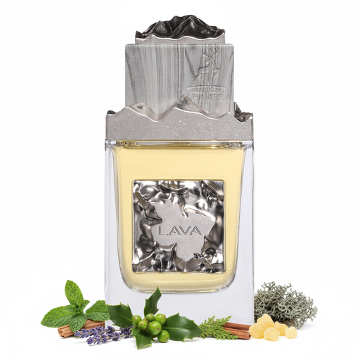Frasco de perfume Lava de Maison Alhambra EDP, botella rectangular transparente con líquido dorado pálido y gran placa cuadrada plateada arrugada con texto LAVA, tapón ancho irregular con textura mármol gris-blanco y borde jagged volcánico con grabado Maison Alhambra, sobre fondo blanco, rodeado de menta spearmint, lavanda, muérdago, cedro, styrax y musgo de roble.