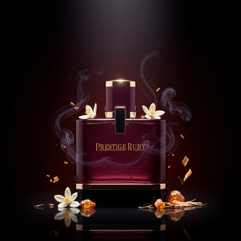 Imagen editorial de lujo Prestige Ruby EDP, frasco burdeos brillante con iluminación dramática spotlight sobre fondo negro-burdeos oscuro, pétalos de azahar blancos, cristales de ámbar dorados y polvo dorado flotante, atmósfera sensual y lujosa estilo anuncio de alta perfumería.