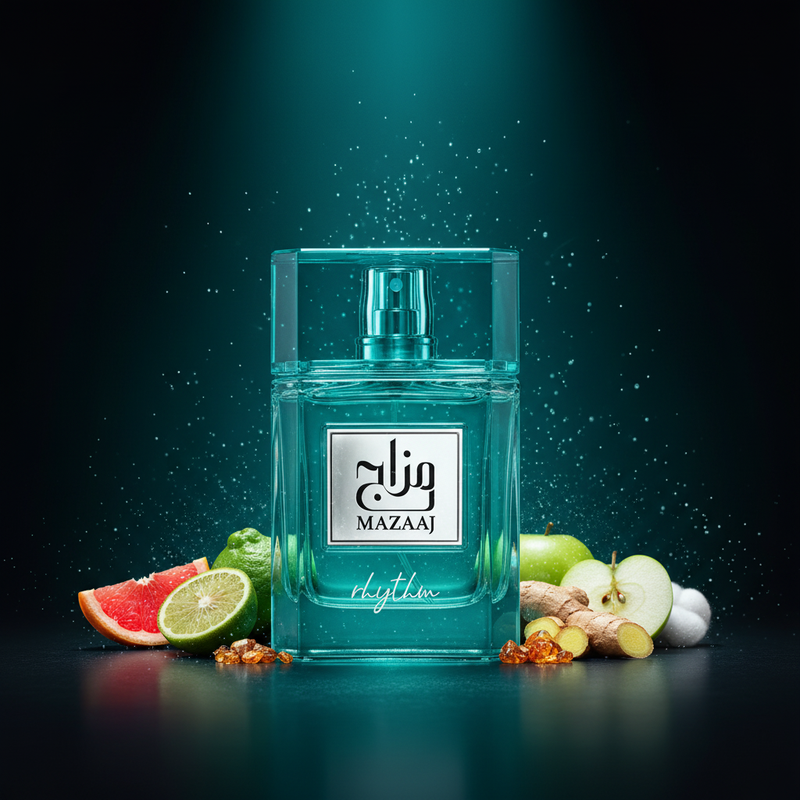 Imagen editorial de lujo Mazaaj Rhythm EDP, botella rectangular facetada teal-turquesa brillante con etiqueta MAZAAJ, iluminación dramática sobre fondo teal-negro profundo, toronja, bergamota, manzana verde, jengibre y ámbar, atmósfera fresca y energética estilo anuncio de alta perfumería.