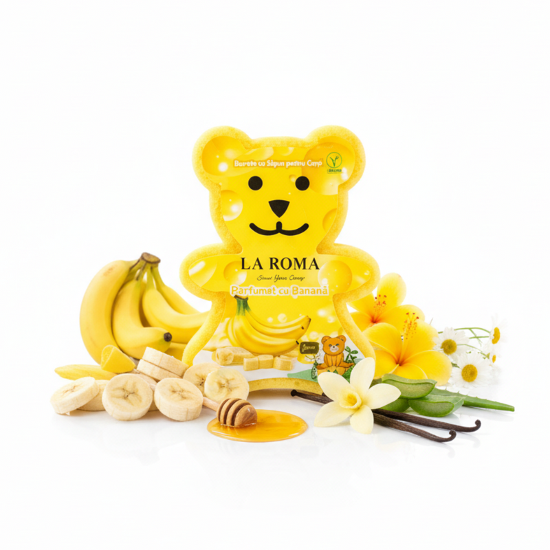 La Roma burete de baie cu săpun integrat aromă banane cu fundal alb și ingrediente în jurul bazei