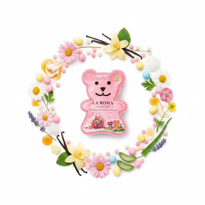 La Roma burete de baie cu săpun integrat aromă gumă de mestecat cu fundal alb și ingrediente în jurul bazei