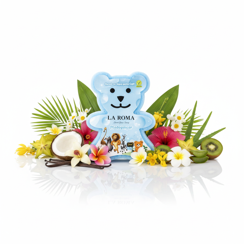 La Roma burete de baie cu săpun integrat aromă Madagascar cu fundal alb și ingrediente în jurul bazei