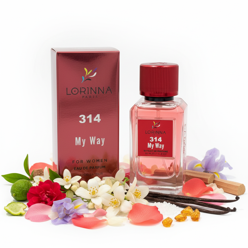 Lorinna Paris 314 My Way cu fundal alb și ingrediente în jurul bazei