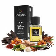 Lorinna Paris 326 Profumo Black cu fundal alb și ingrediente în jurul bazei