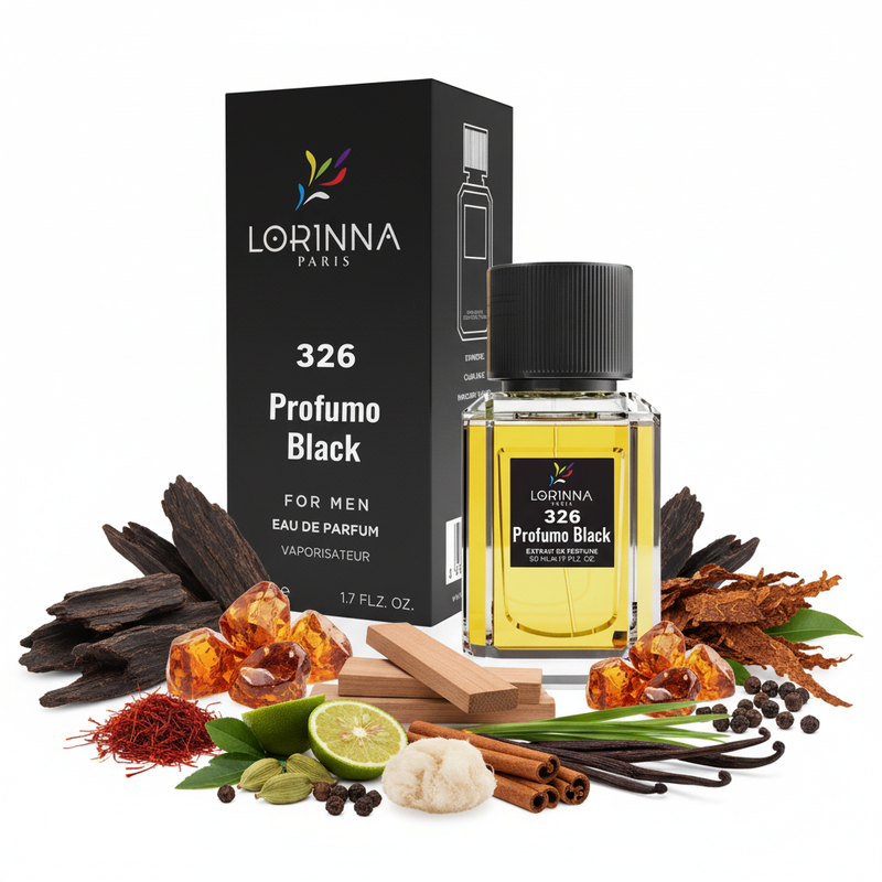 Lorinna Paris 326 Profumo Black cu fundal alb și ingrediente în jurul bazei