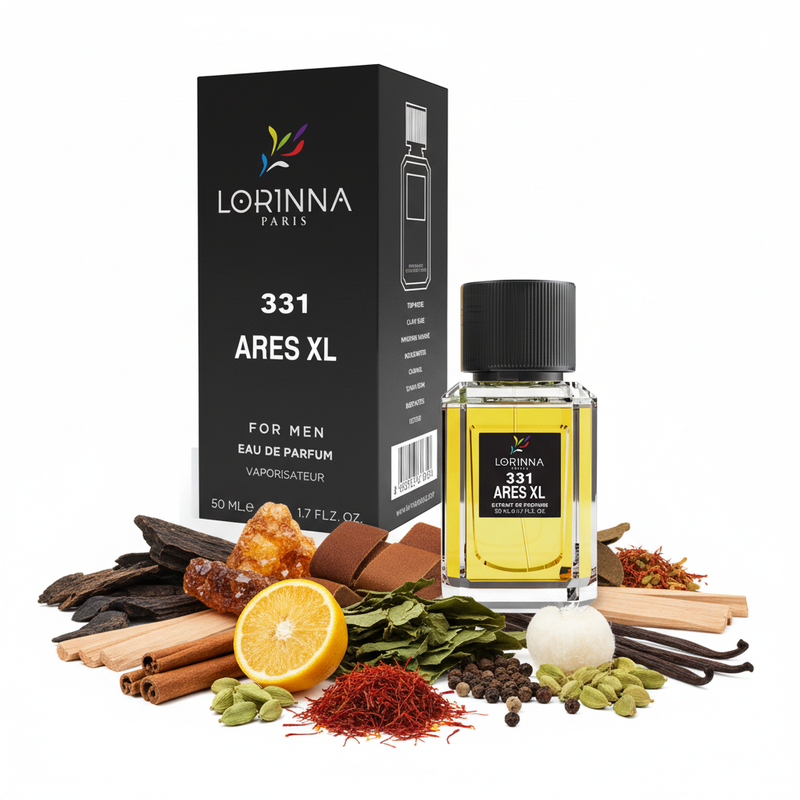 Lorinna Paris 331 Ares XL cu fundal alb și ingrediente în jurul bazei