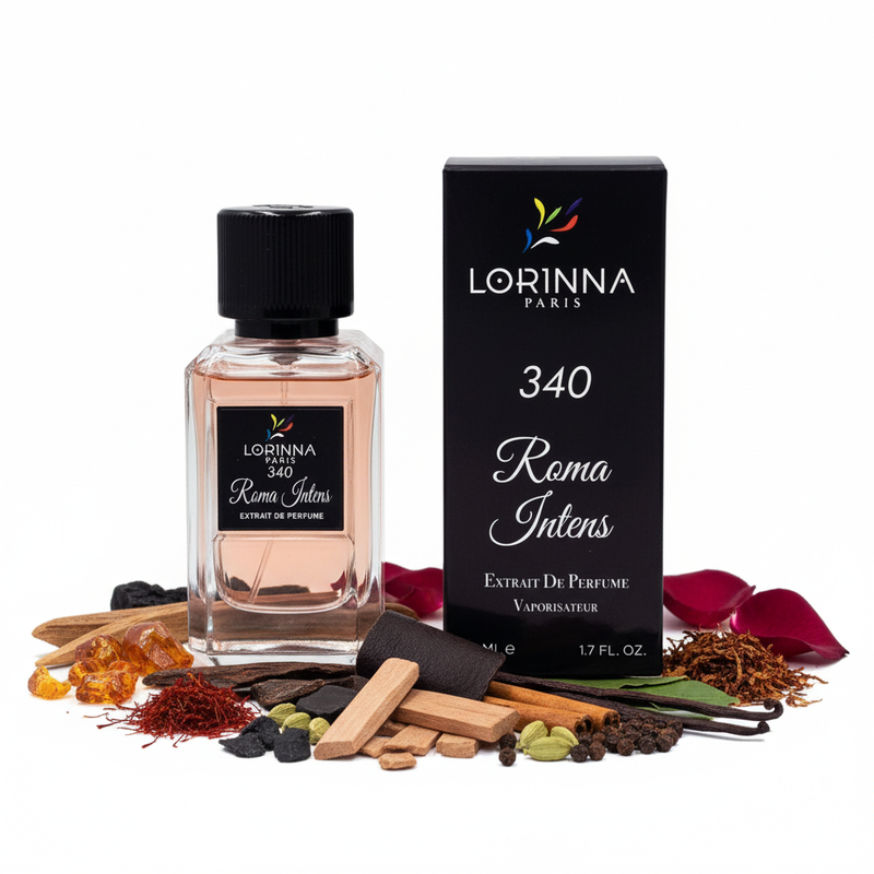 Lorinna Paris 340 Roma Intens cu fundal alb și ingrediente în jurul bazei