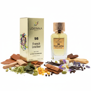Lorinna Paris 98 French Leather cu fundal alb și ingrediente în jurul bazei