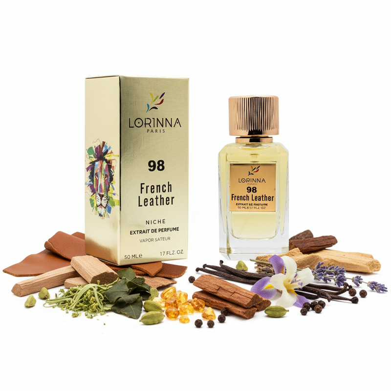 Lorinna Paris 98 French Leather cu fundal alb și ingrediente în jurul bazei