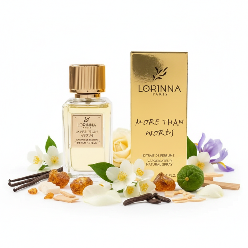 Lorinna Paris More Than Words cu fundal alb și ingrediente în jurul bazei