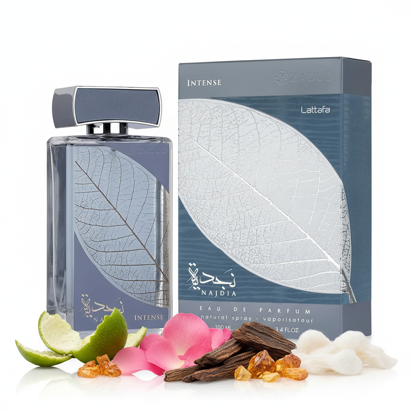 Najdia Intense Lattafa cu cutie și ingrediente