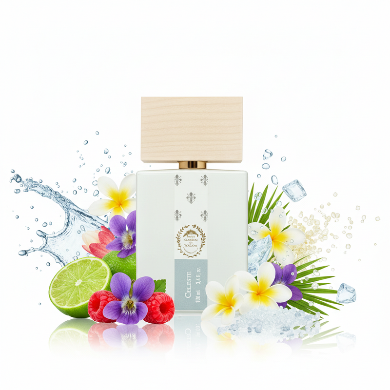 Perfume Celeste sin sombras fondo blanco