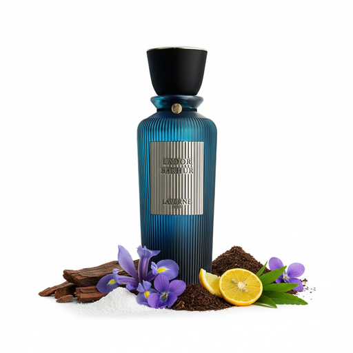 Perfume con notas amaderadas, atalcadas, iris, violeta, terrosas, cítricas y pachulí